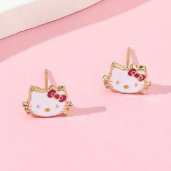 Hello Kitty White Gold Tone Stud Earrings New - Picture 1 of 3